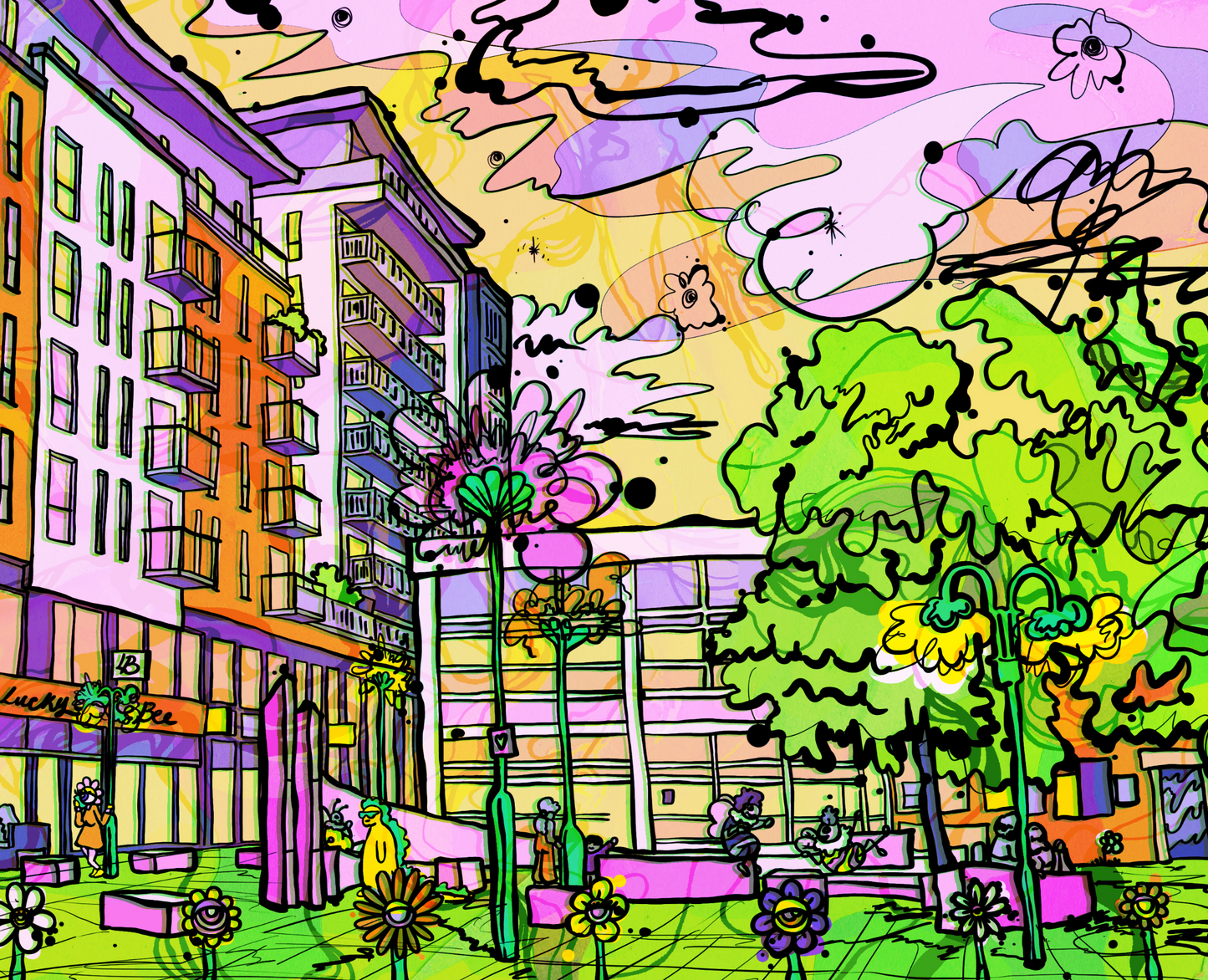 Vibrant Prestwich Precinct Wall Art Print – Colourful Manchester Illustration | image 1