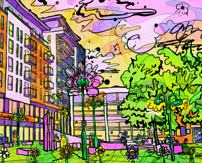 Vibrant Prestwich Precinct Wall Art Print – Colourful Manchester Illustration | image 1