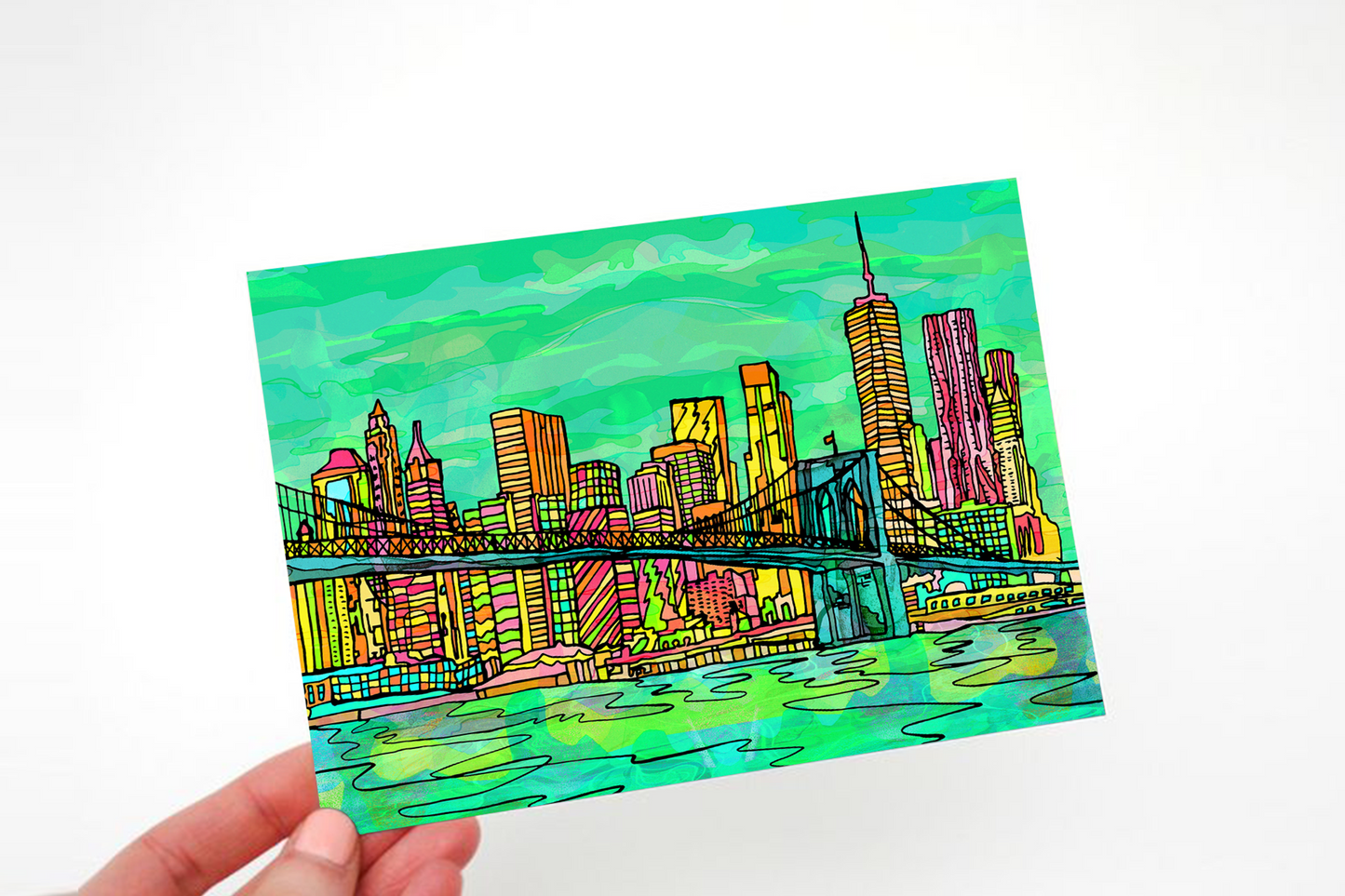 New York Psychedelic Postcard of Manhattan Brooklyn Bridge image 2