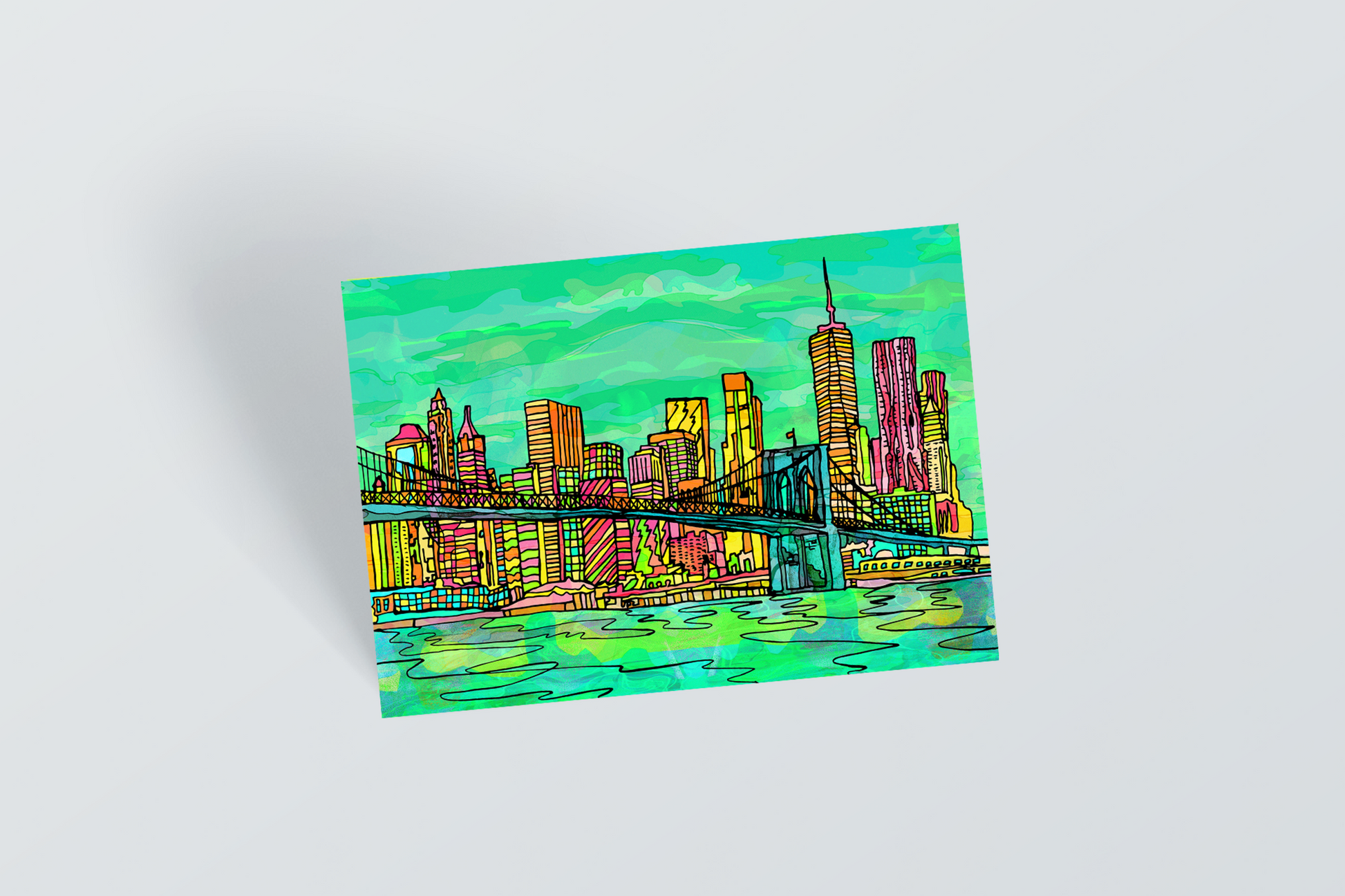 New York Psychedelic Postcard of Manhattan Brooklyn Bridge image 0